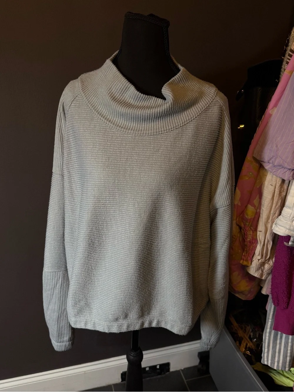 Prana Light Gray/blue Ribbed Cowl Sweater